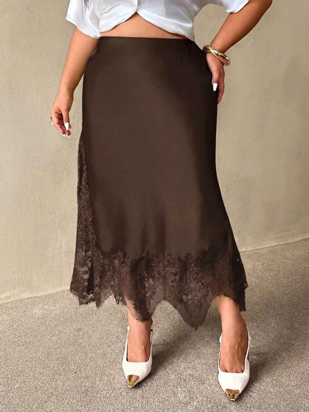 Brown Elegant Women's Plus Size Lace Patchwork Skirt - Picture 5 of 7